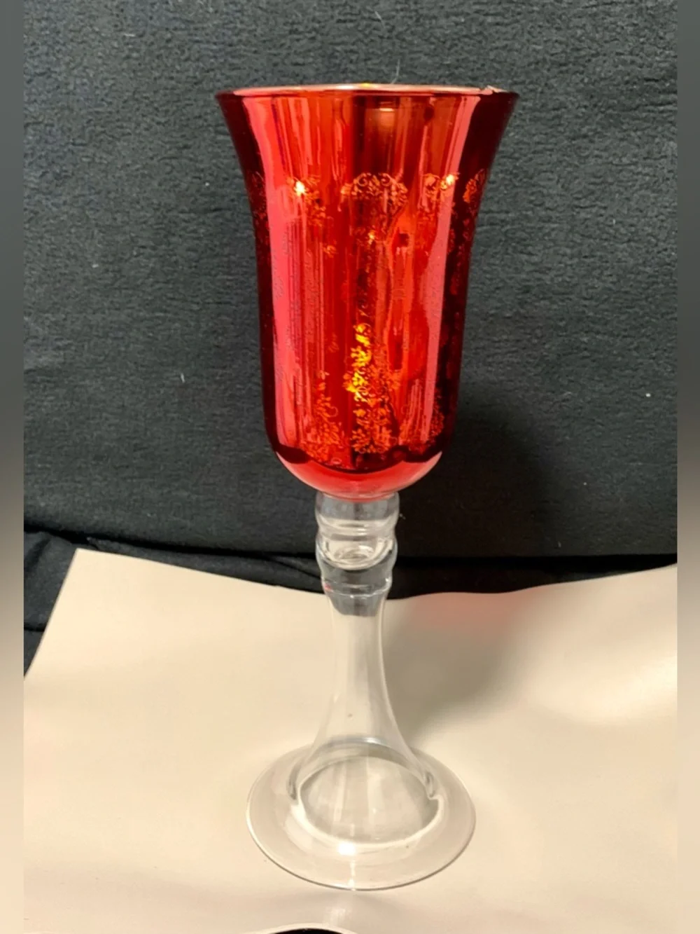 🔍 ❤️ Ruby Red Glass Goblet Votive Candle Holder with Ornate Gold Floral Pattern
